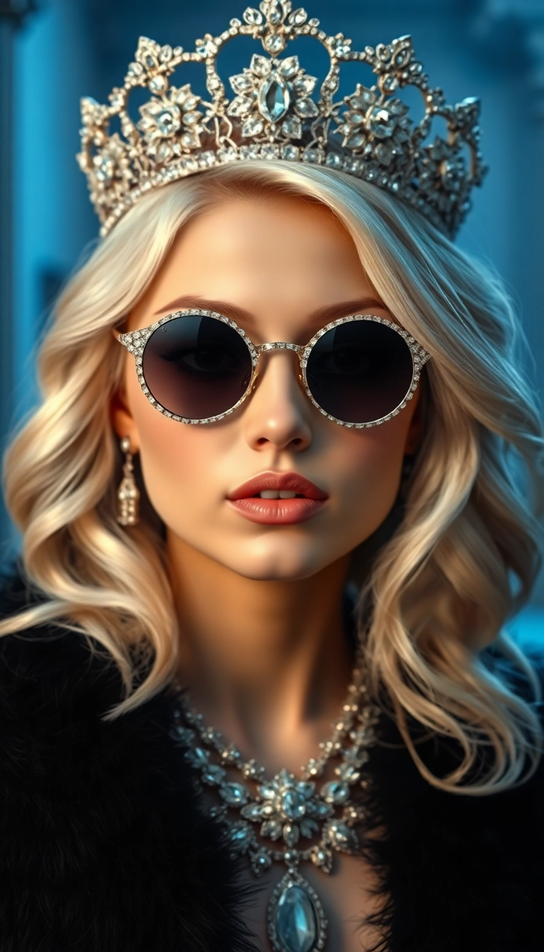Free AI Young Platinum Blonde Queen in Black Fur iPhone Exquisite Wallpaper